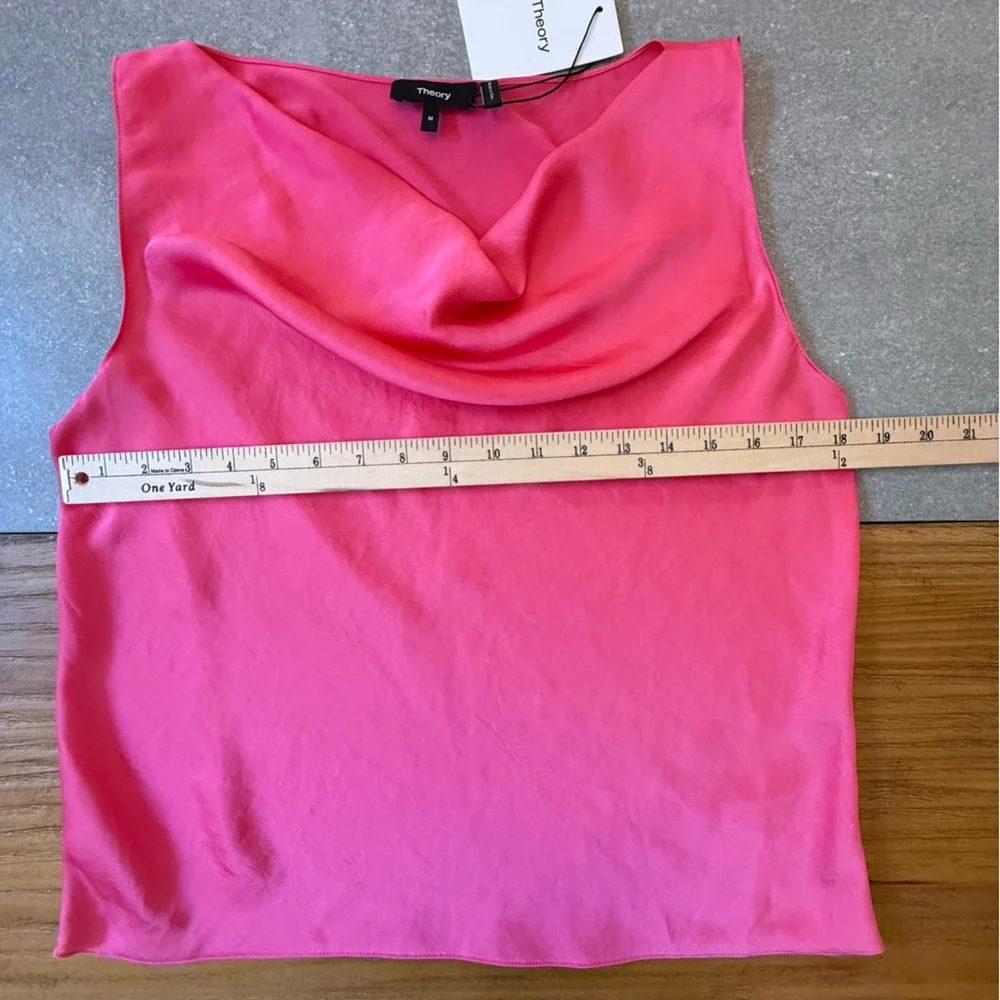 NWT Theory Sleeveless Draped Satin Cowlneck Pink Azalea Shell Size Medium - Picture 4 of 9
